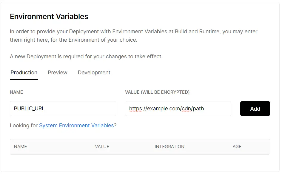Setting environment variable in Vercel