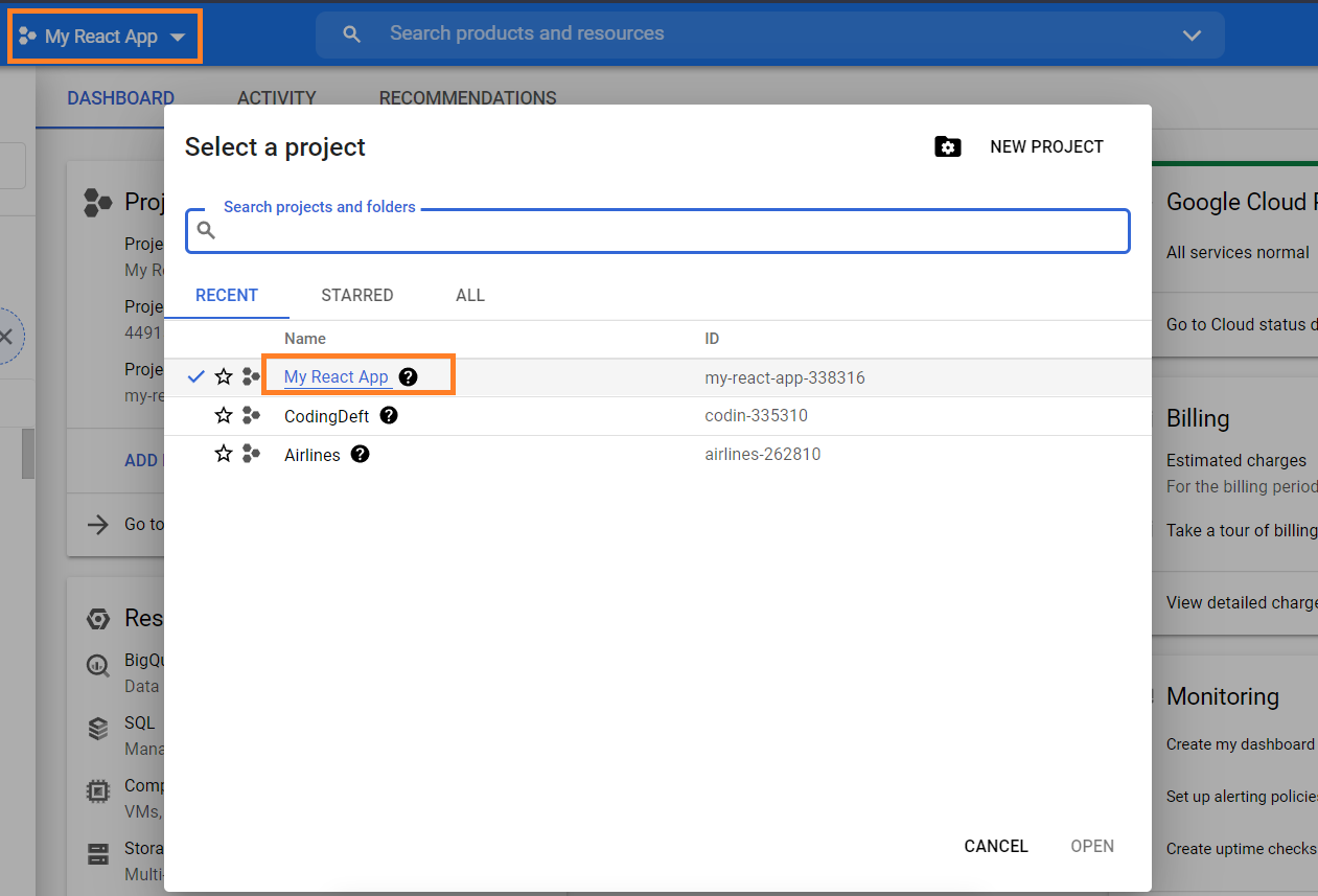 google cloud select project