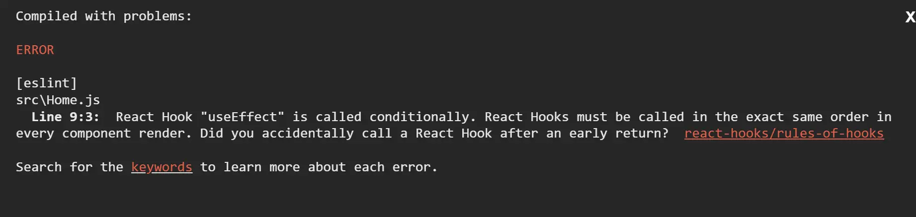 React Hook "useEffect" is called conditionally. React Hooks must be called in the exact same order in every component render. Did you accidentally call a React Hook after an early return?